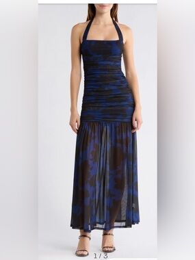 AFRM Deep Blue and Black Halter Maxi Dress Evening Shadow Prom Bridal Ball